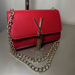 Elegant Red Designer-Inspired Crossbody Bag with Gold Chain Tassel